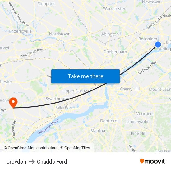 Croydon to Chadds Ford map
