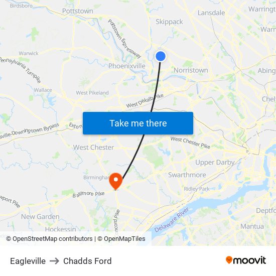 Eagleville to Chadds Ford map