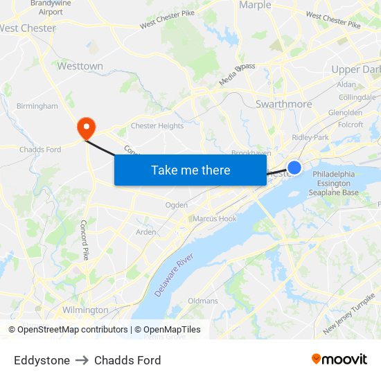 Eddystone to Chadds Ford map