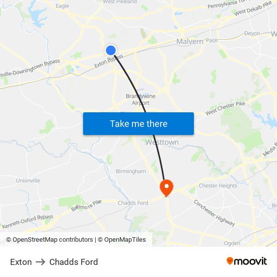 Exton to Chadds Ford map