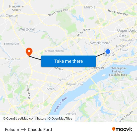 Folsom to Chadds Ford map