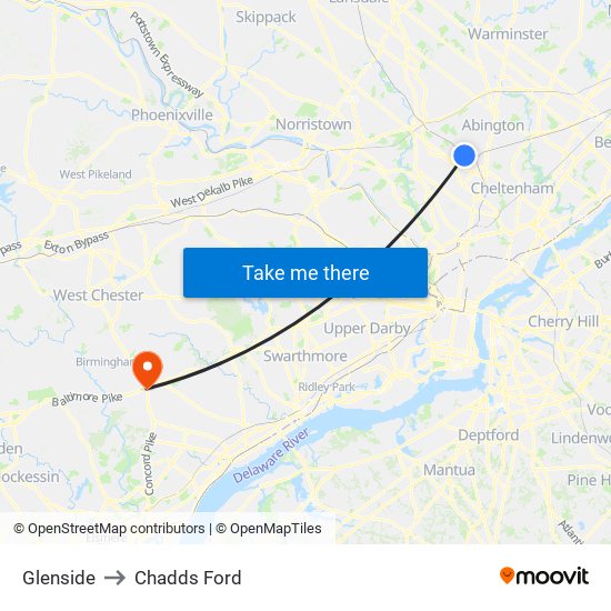 Glenside to Chadds Ford map