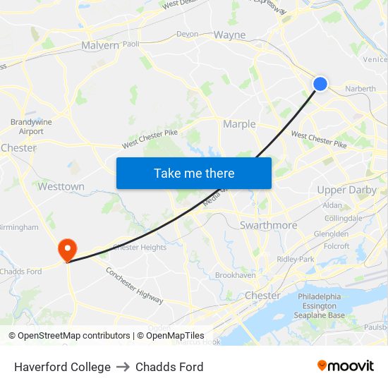 Haverford College to Chadds Ford map