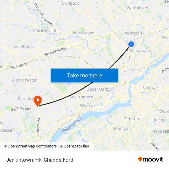 Jenkintown to Chadds Ford map
