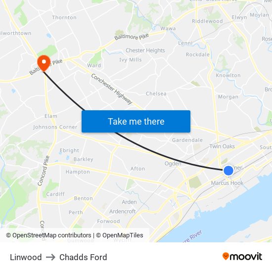 Linwood to Chadds Ford map