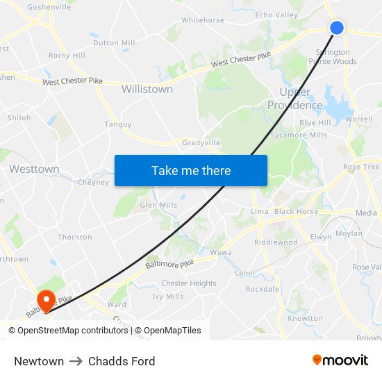 Newtown to Chadds Ford map