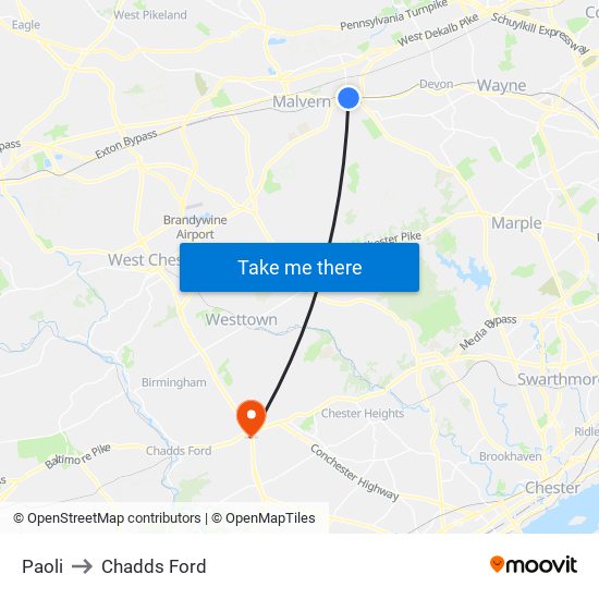 Paoli to Chadds Ford map