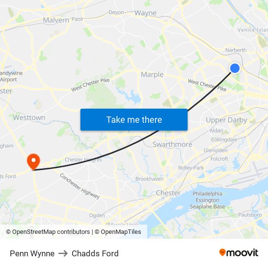 Penn Wynne to Chadds Ford map