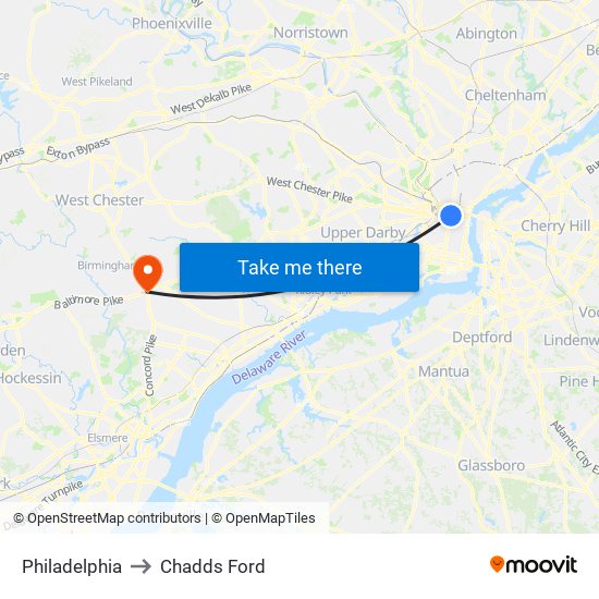 Philadelphia to Chadds Ford map