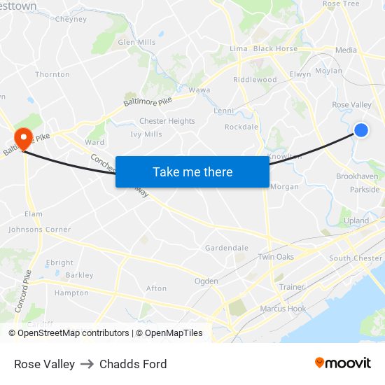 Rose Valley to Chadds Ford map
