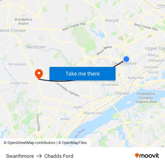 Swarthmore to Chadds Ford map