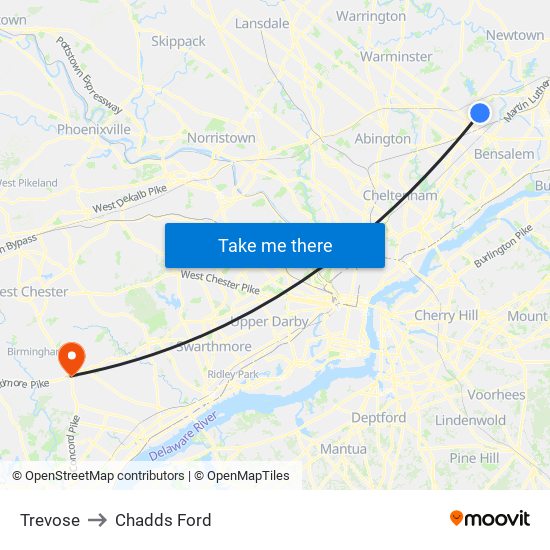 Trevose to Chadds Ford map