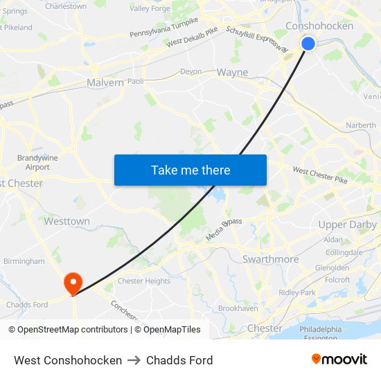 West Conshohocken to Chadds Ford map