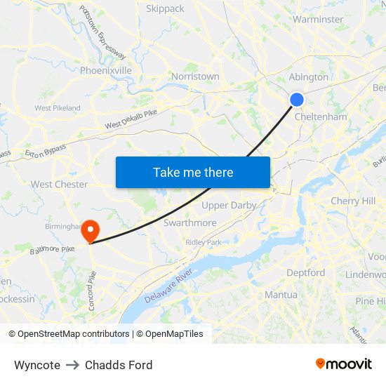 Wyncote to Chadds Ford map