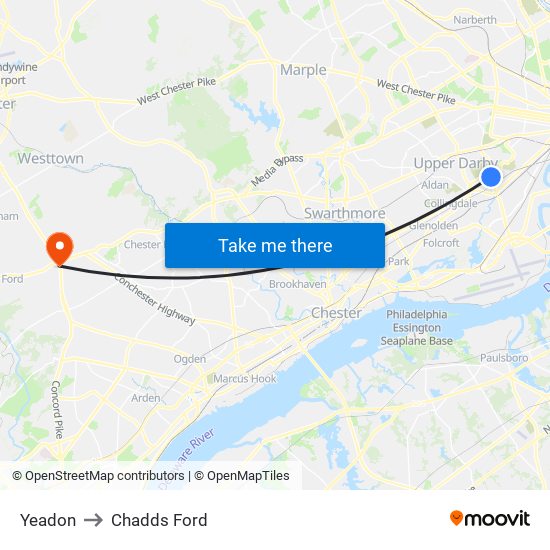 Yeadon to Chadds Ford map