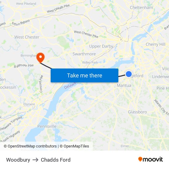 Woodbury to Chadds Ford map