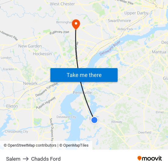 Salem to Chadds Ford map