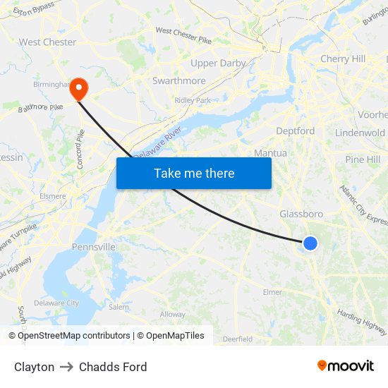 Clayton to Chadds Ford map