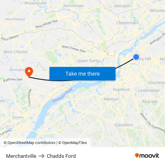 Merchantville to Chadds Ford map