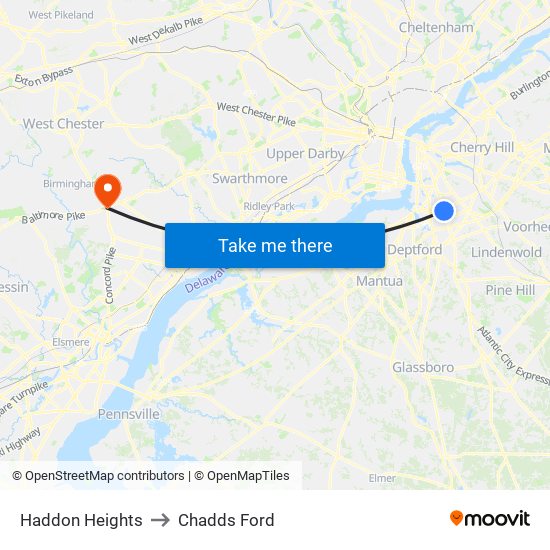 Haddon Heights to Chadds Ford map