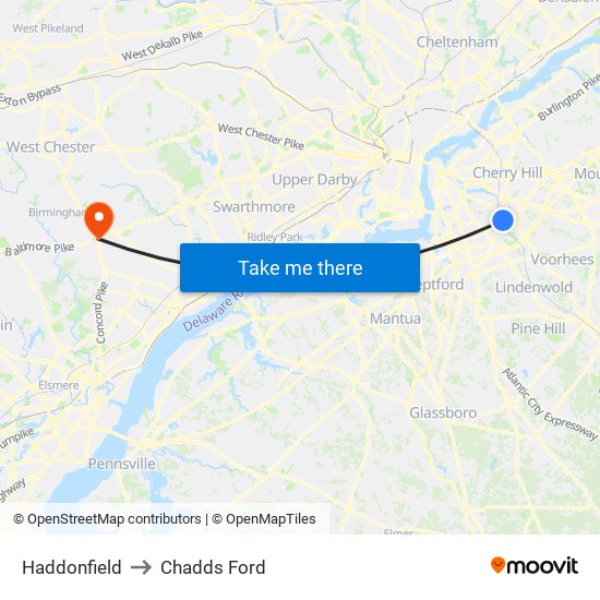 Haddonfield to Chadds Ford map