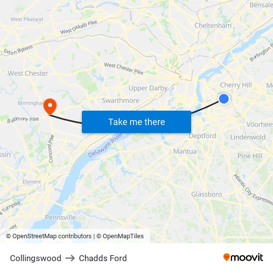 Collingswood to Chadds Ford map