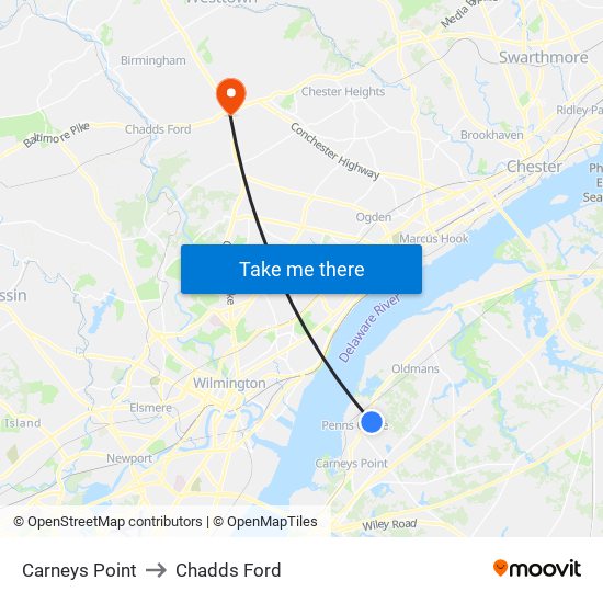 Carneys Point to Chadds Ford map