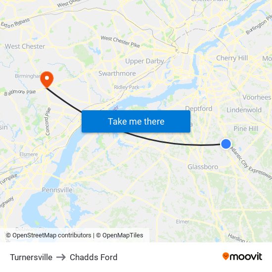 Turnersville to Chadds Ford map