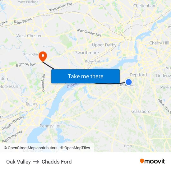 Oak Valley to Chadds Ford map