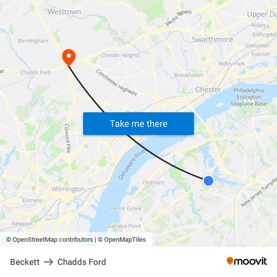 Beckett to Chadds Ford map