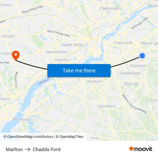Marlton to Chadds Ford map