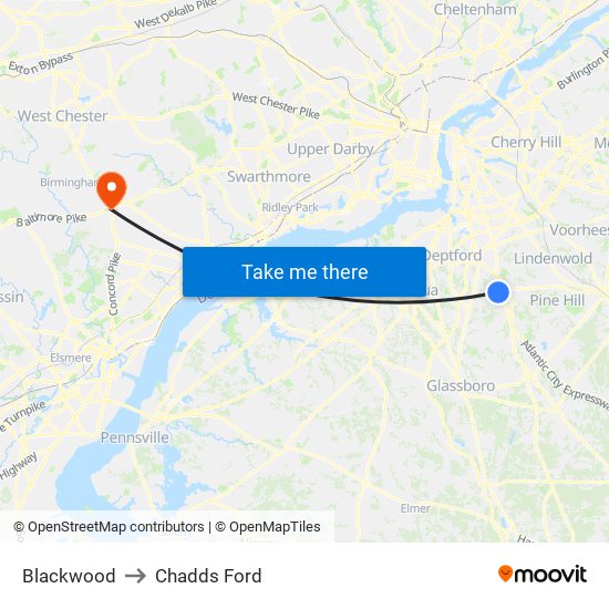 Blackwood to Chadds Ford map