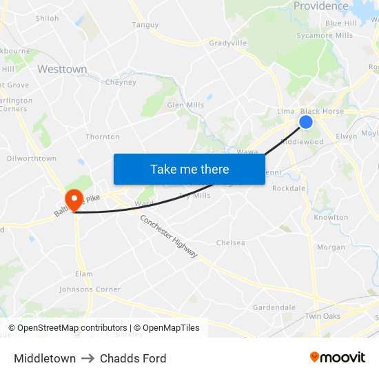 Middletown to Chadds Ford map