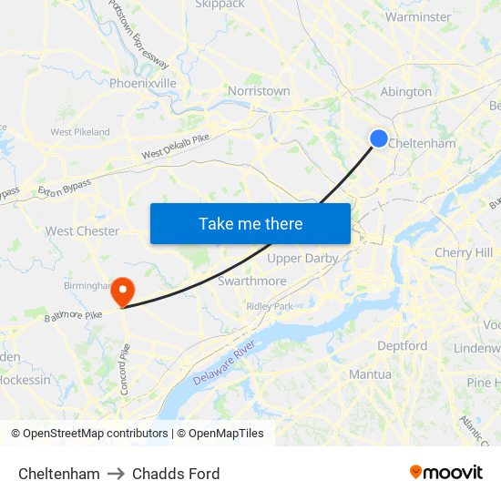 Cheltenham to Chadds Ford map