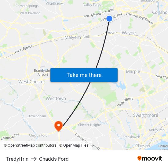 Tredyffrin to Chadds Ford map