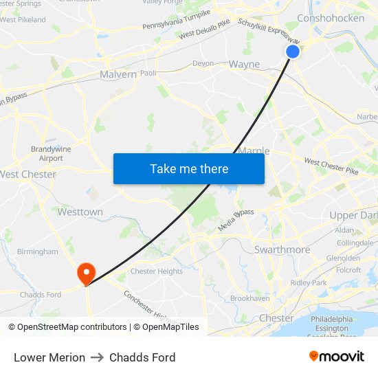 Lower Merion to Chadds Ford map