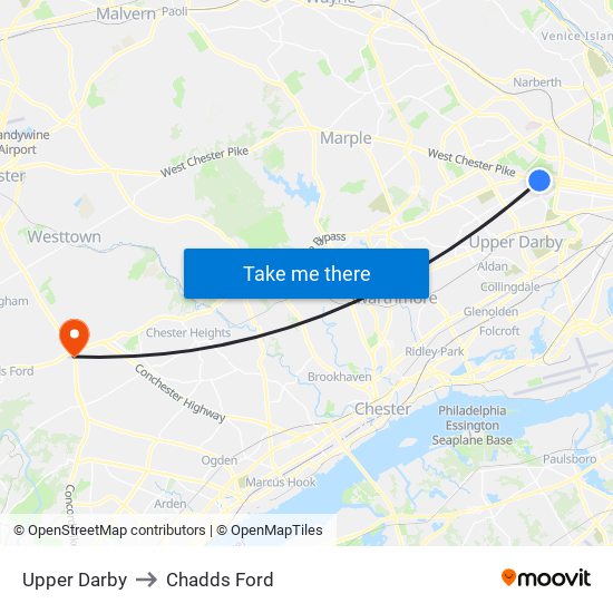 Upper Darby to Chadds Ford map