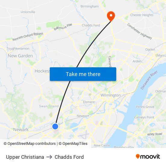 Upper Christiana to Chadds Ford map