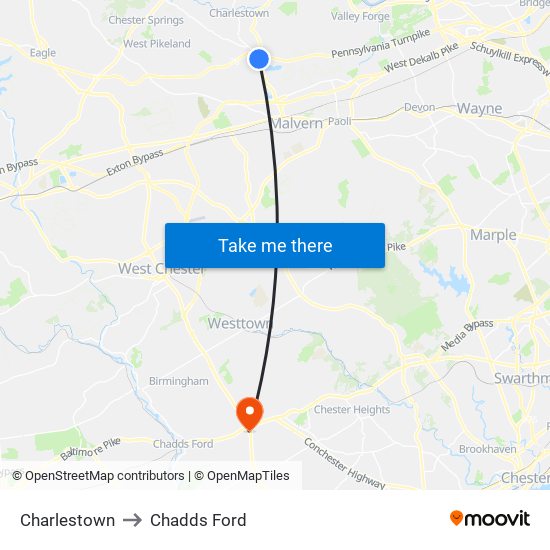 Charlestown to Chadds Ford map