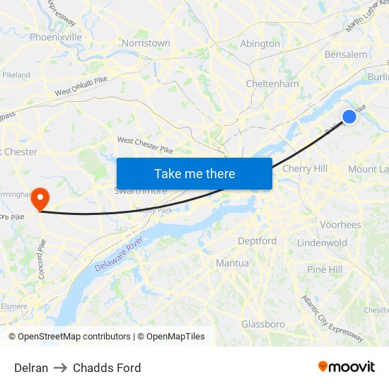 Delran to Chadds Ford map