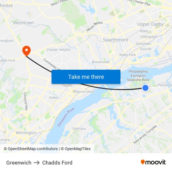 Greenwich to Chadds Ford map