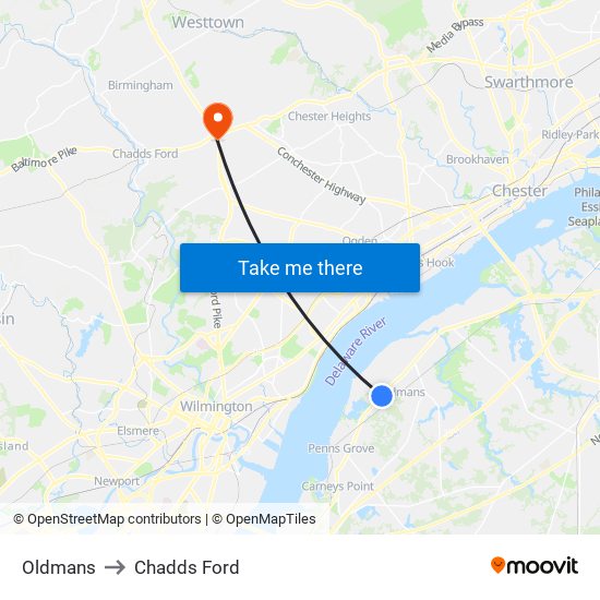 Oldmans to Chadds Ford map