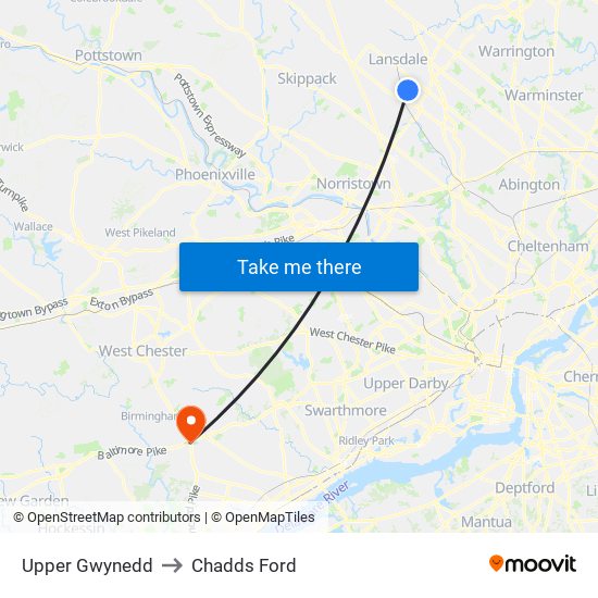 Upper Gwynedd to Chadds Ford map