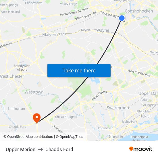 Upper Merion to Chadds Ford map