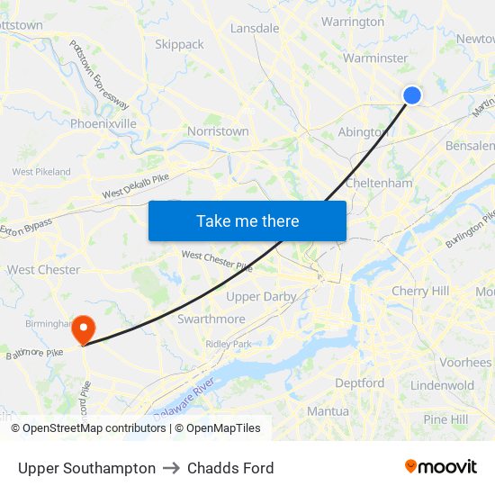Upper Southampton to Chadds Ford map