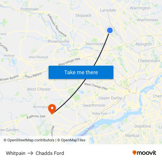 Whitpain to Chadds Ford map