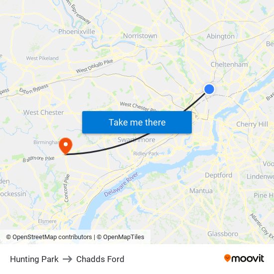 Hunting Park to Chadds Ford map