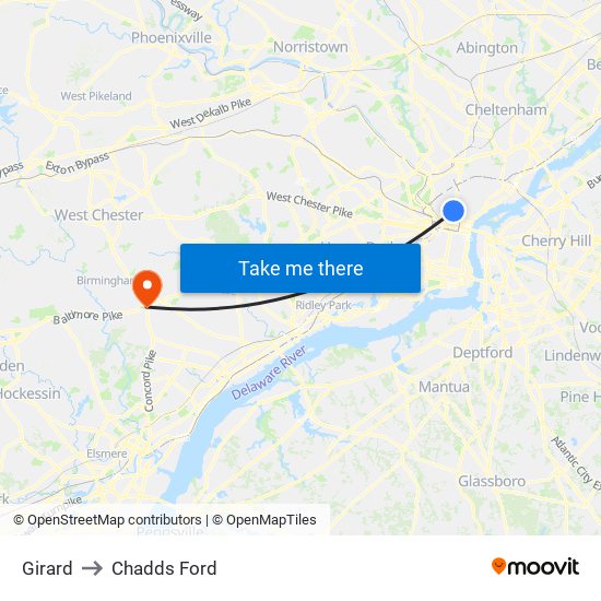 Girard to Chadds Ford map