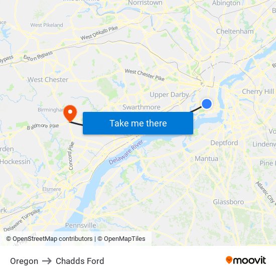 Oregon to Chadds Ford map