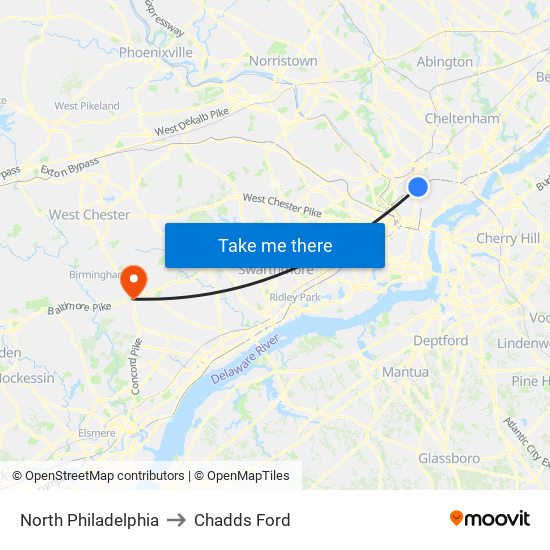 North Philadelphia to Chadds Ford map